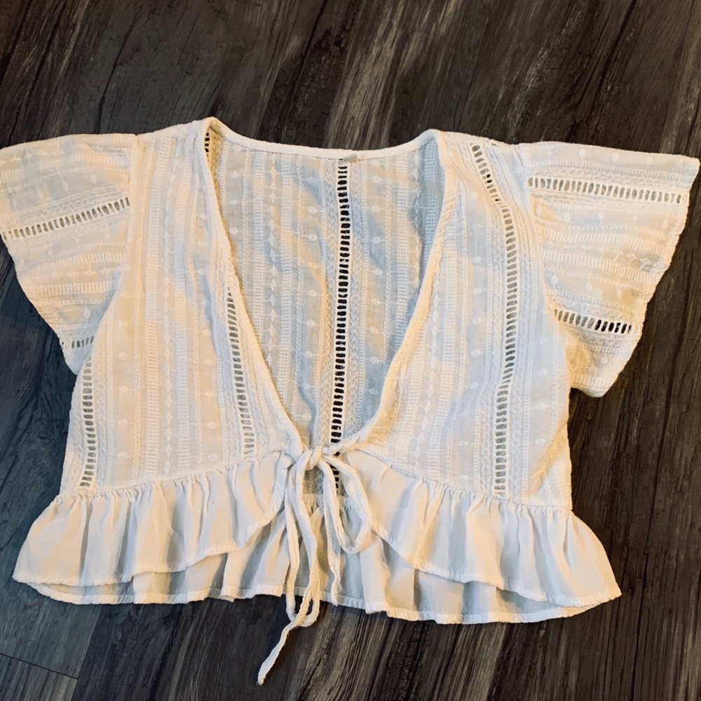 Small white tie front crop top blouse